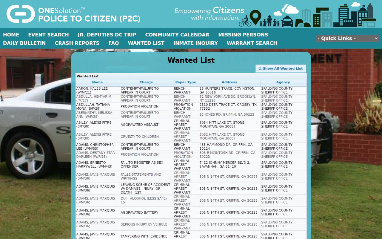 Spalding County warrant records wanted list interface
